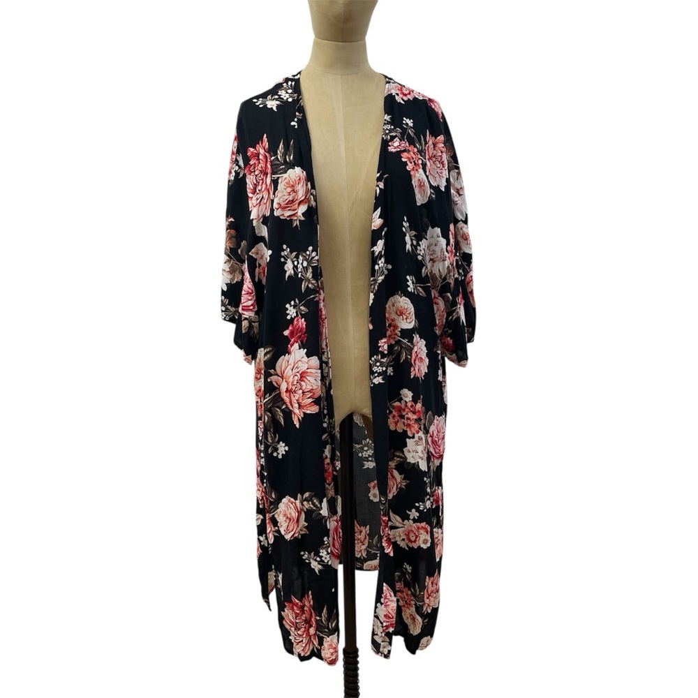 Como Vintage Boho Floral Shrug Duster L/XL Pink Peony Rose Feminine Hippie